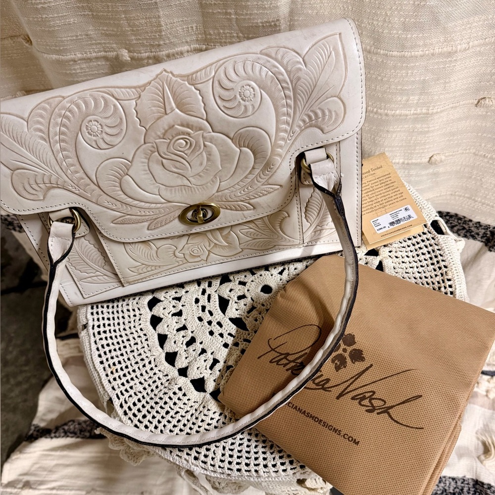BNWT Patricia Nash Sanabria Cream/White Embossed Floral Waxed Leather Satchel